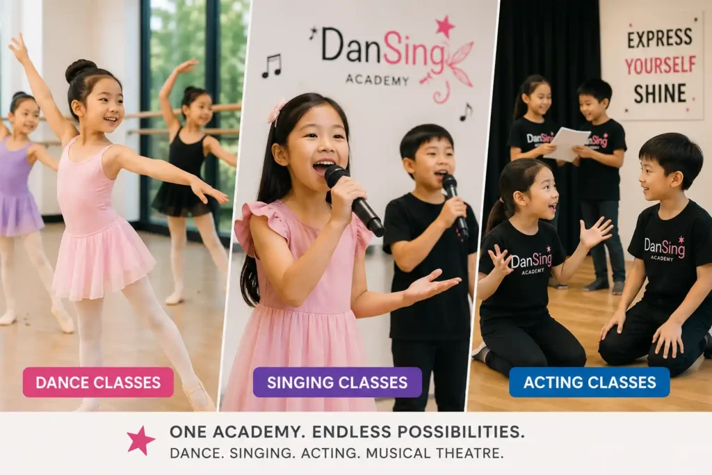 Children enjoying dance, singing, and acting classes as part of a performing arts programme in Singapore