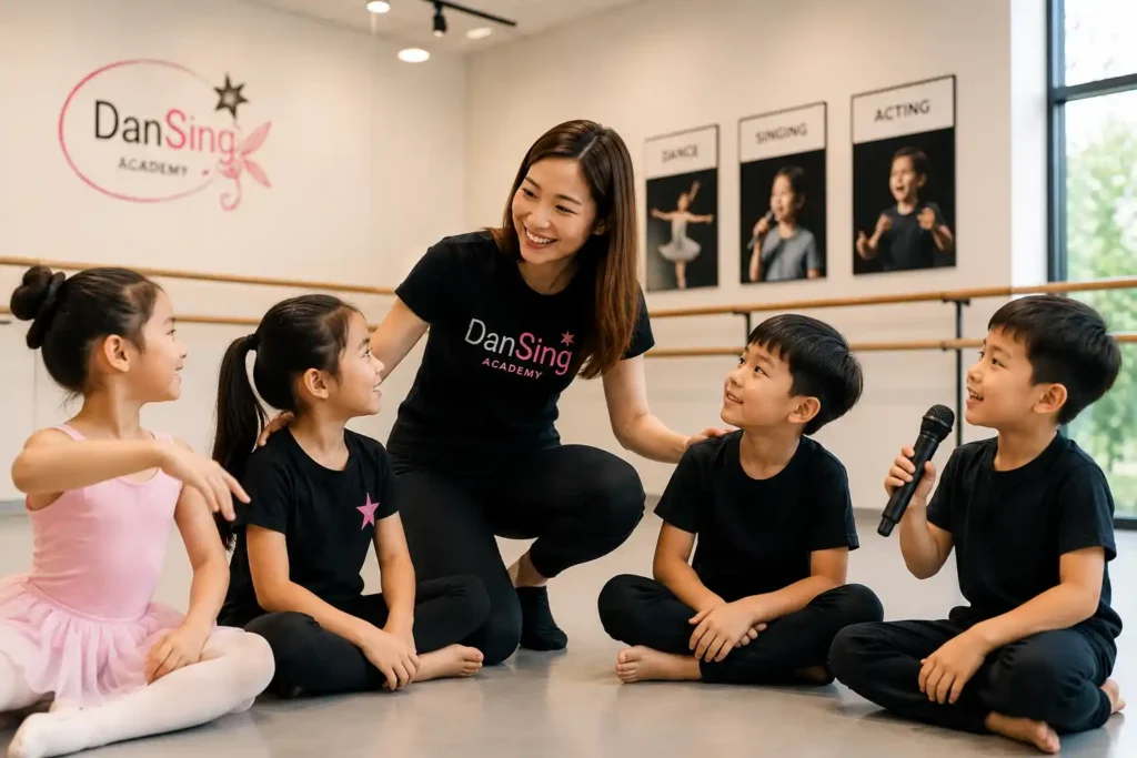 Experienced performing arts teacher guiding children during a dance and musical theatre class in Singapore