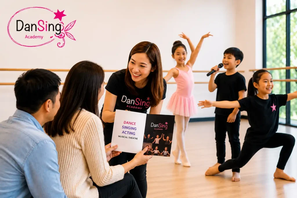 Parents choosing a performing arts school while children participate in dance, singing, and acting classes at DanSing Academy Singapore