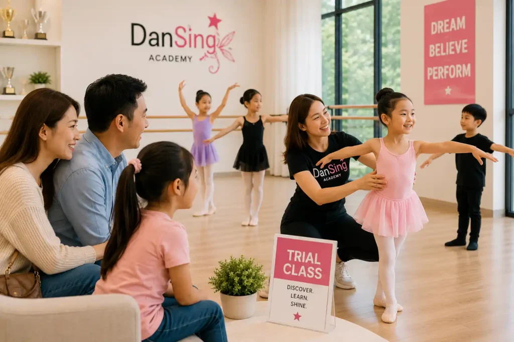 Parents observing their child's trial performing arts class at DanSing Academy in Singapore