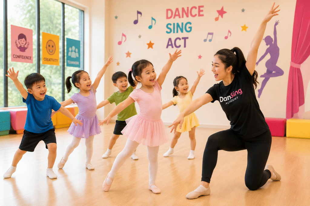 Preschool children participating in performing arts classes through creative movement and dance activities