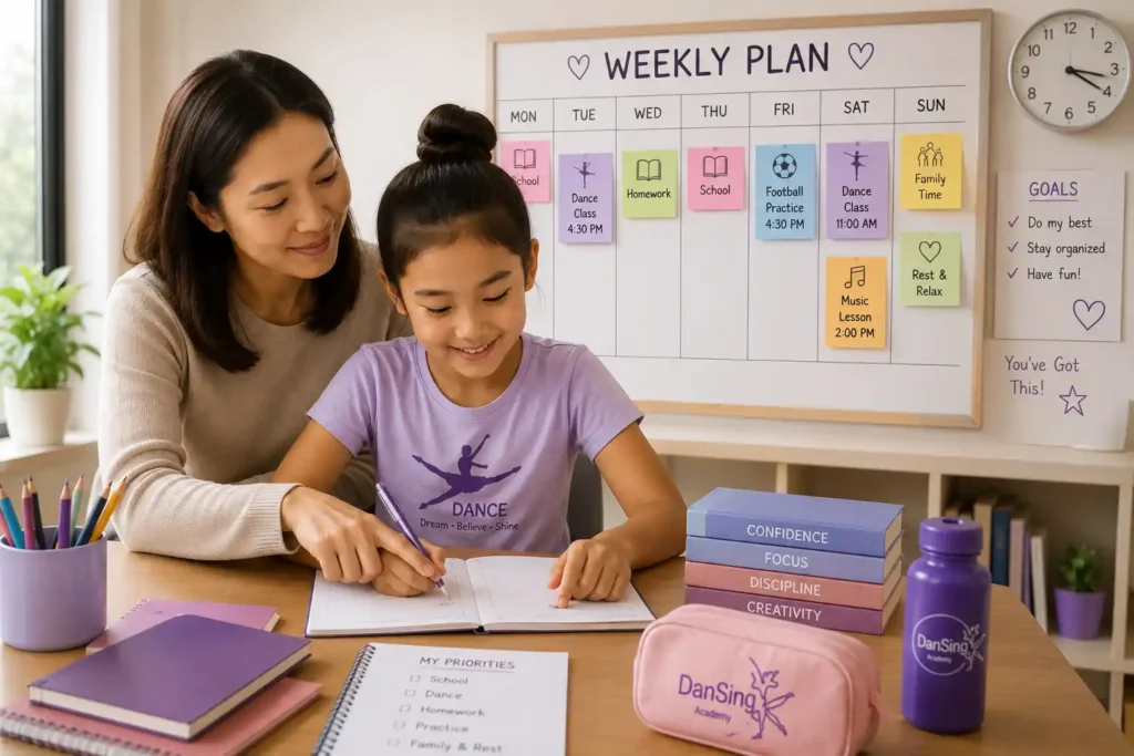 Child balancing dance classes, schoolwork, and weekly activities with support from a parent