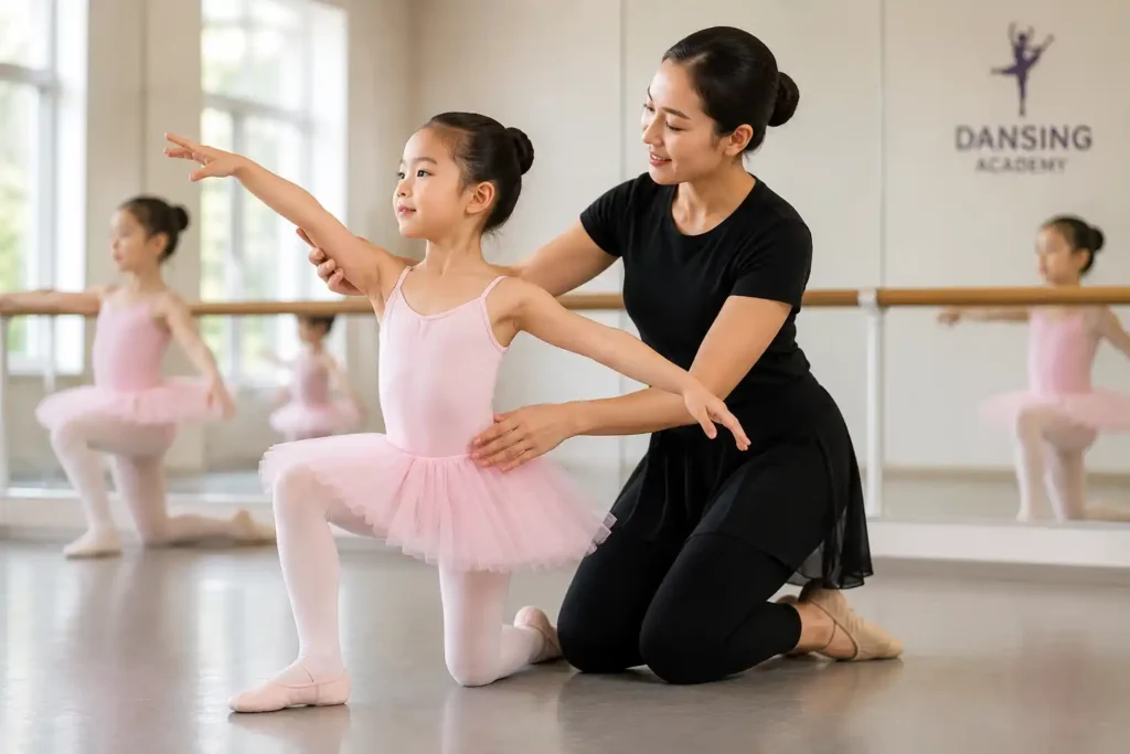 Child learning ballet technique, posture, and balance in a kids dance class