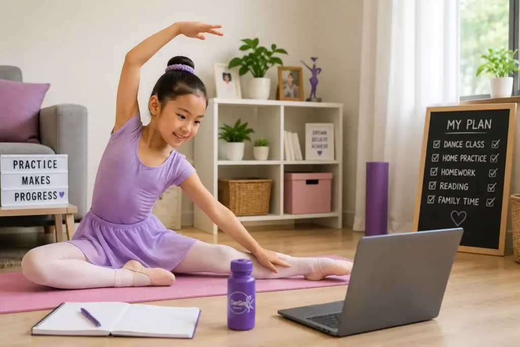 Child practising dance movements at home between regular dance classes