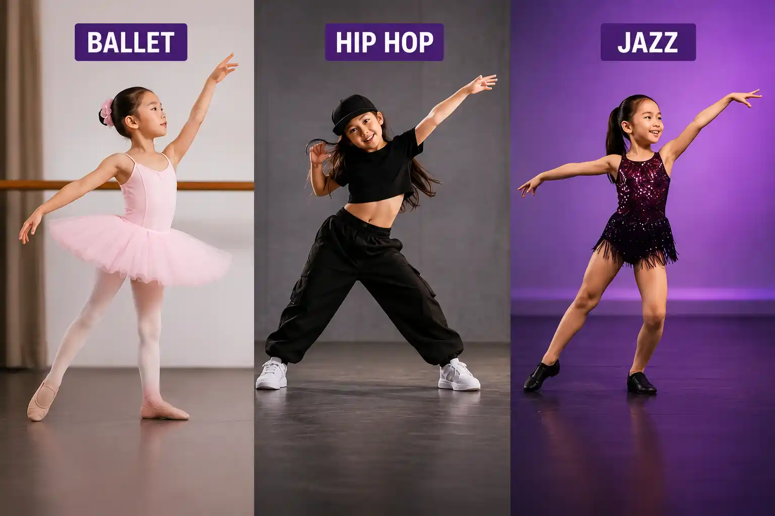 Children comparing ballet, hip hop, and jazz dance styles for kids
