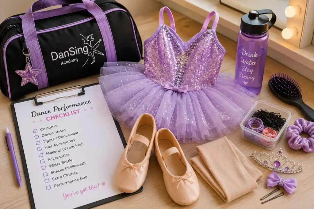 Dance performance preparation checklist with costume, dance shoes and essential items