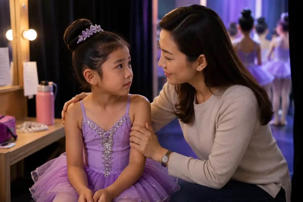 Parent supporting a child nervous before a dance performance backstage