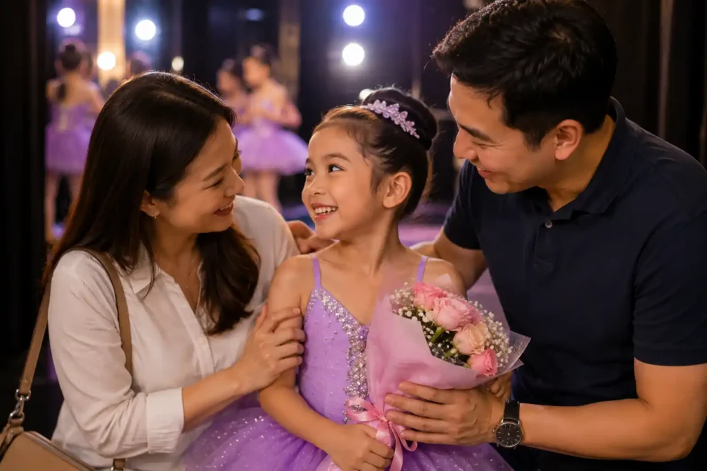 Parents celebrating their child's first dance performance after the show